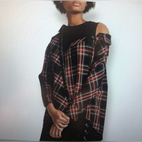 MAJE LAZAK DECONSTRUCTED ASYMMETRICAL PLAID ATTACHED TANK TOP EXPOSED SHOULDER - Picture 4 of 16